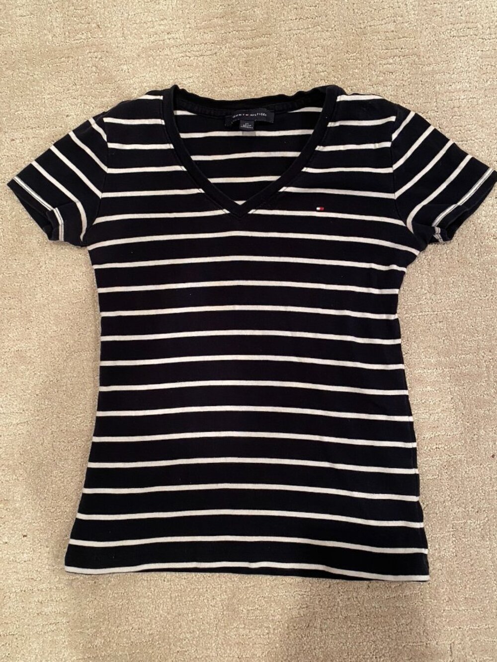 Tommy Hilfiger navy and white striped women's v-neck t-shirt